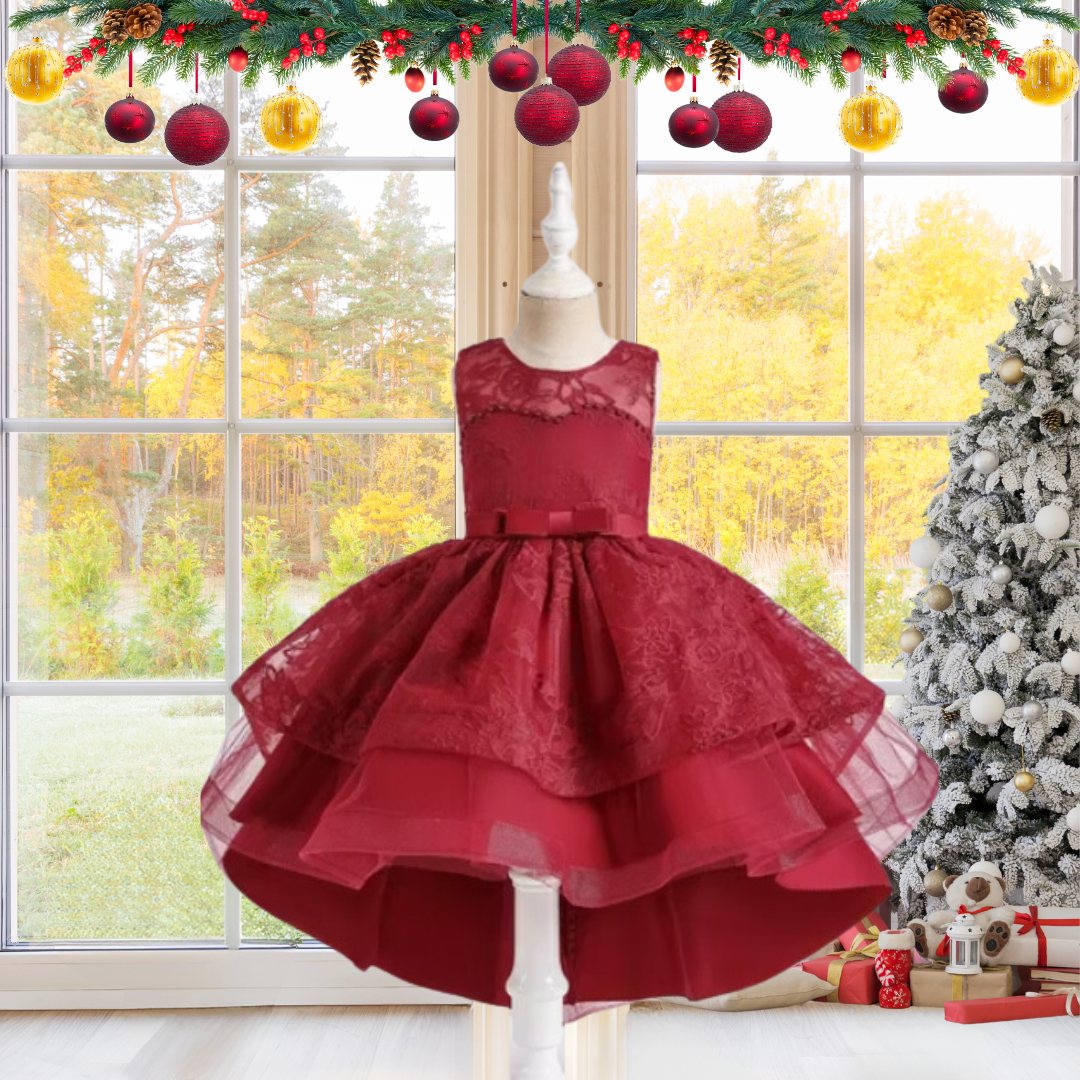 CHRISTMAS KIDS DRESS FLOWER EMBROIDERED TULLE GOWN image 0