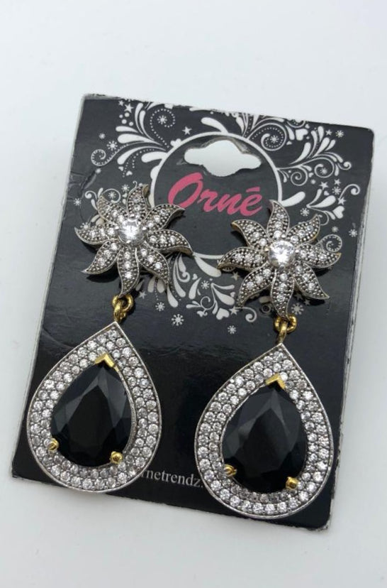 FLORAL BLACK RHINESTONE DROP EARRINGS image 1