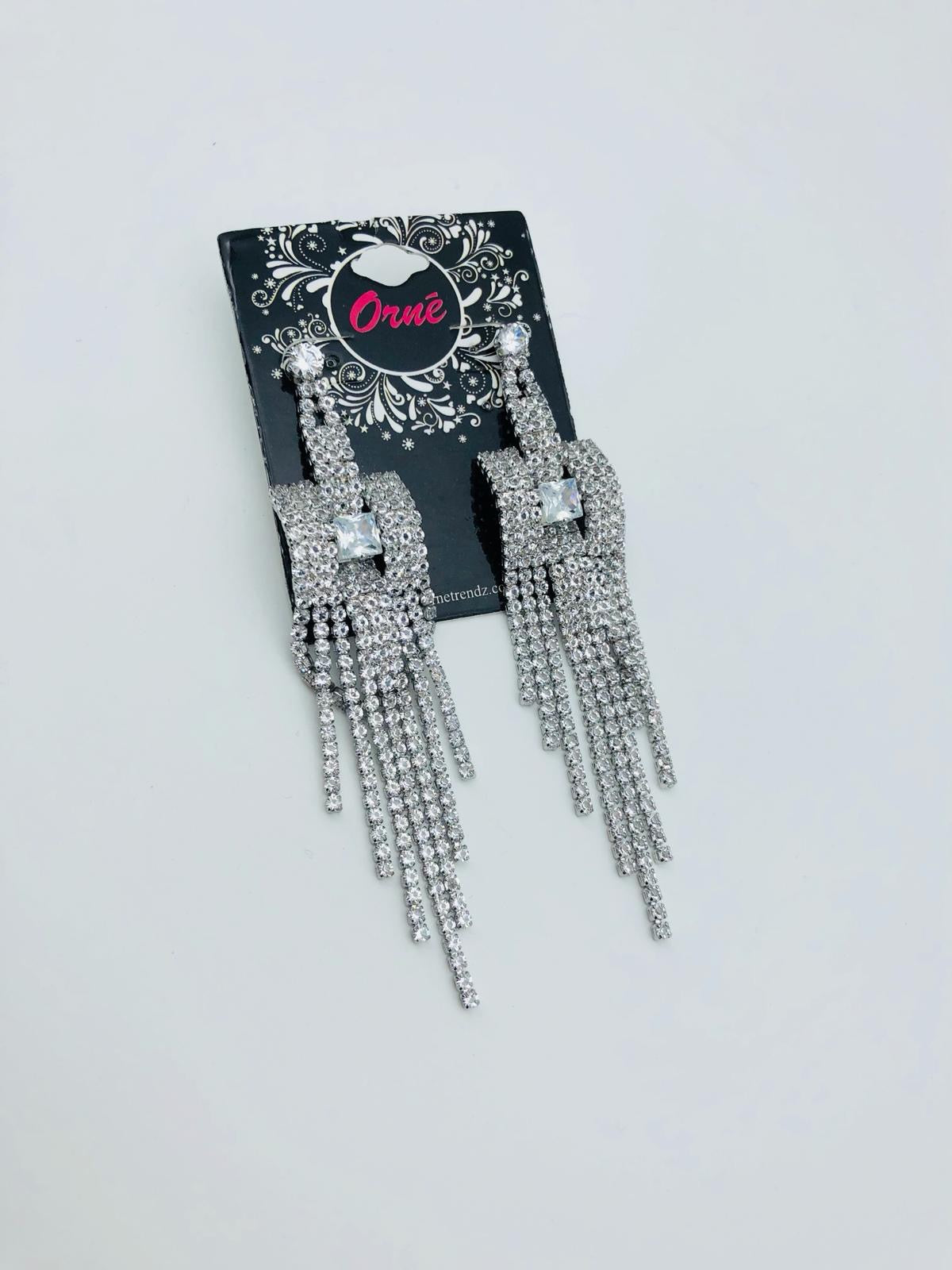DIAMANTE SQUARE TASSELS SILVER EARRINGS image 0