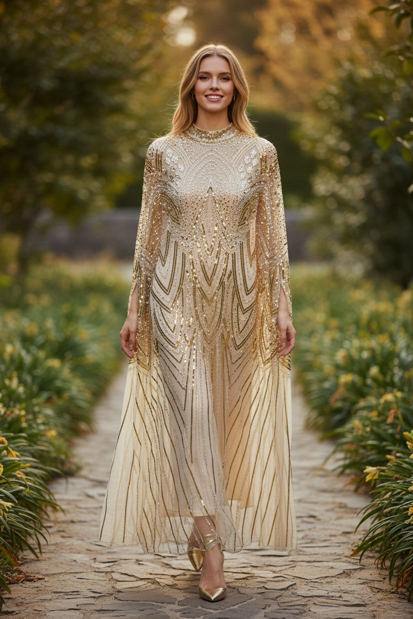 slim fit dress slacks Gold Sequin Fringe Long Caftan main image 1