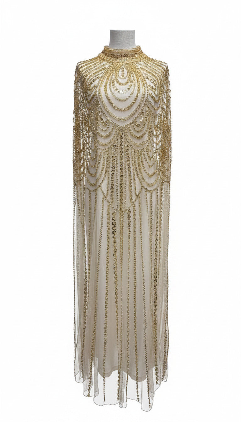 Sheer champagne‑gold overlay Kaftan Gown