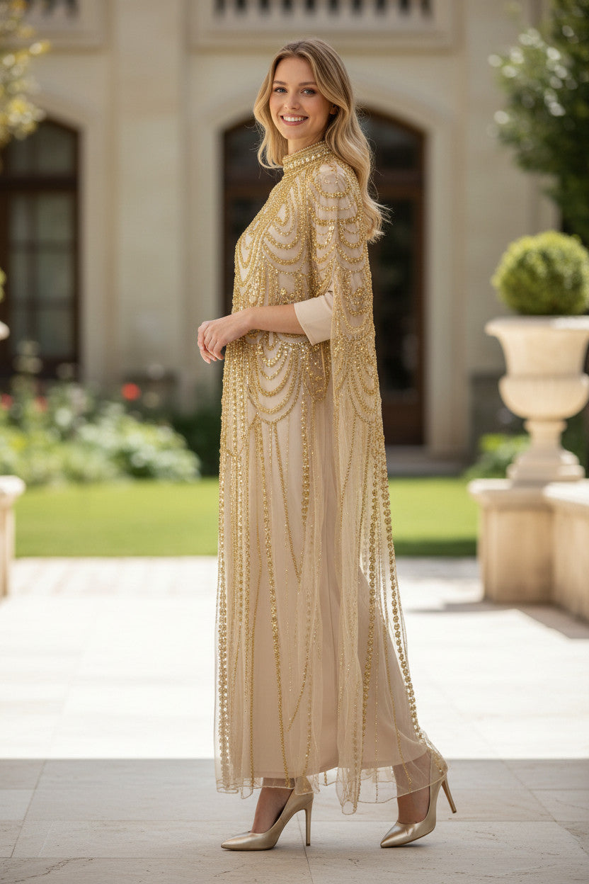 Sheer champagne‑gold overlay Kaftan Gown