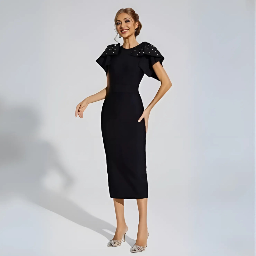 FERNANDA KNITTED EMBELLISHED  MIDI DRESS - BLACK image 4