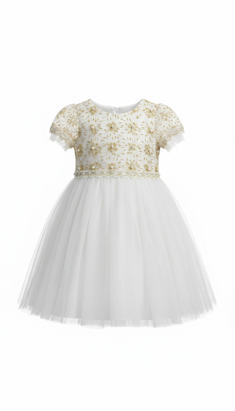 Lily Puff Sleeve Flower Girls White/Gold Dress