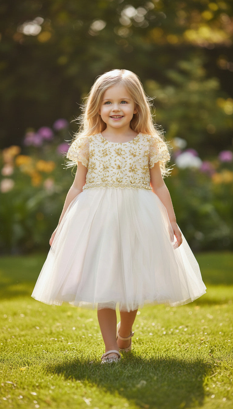 Lily Puff Sleeve Flower Girls White/Gold Dress