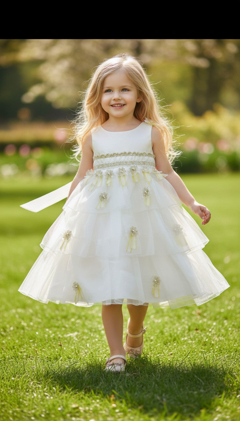 Jana White & Gold Applique Tulle Dress