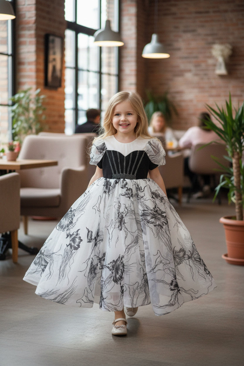 Leya Black and White Velvette beaded Gown