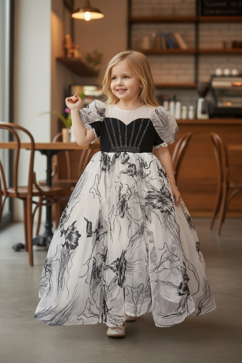 Leya Black and White Velvette beaded Gown