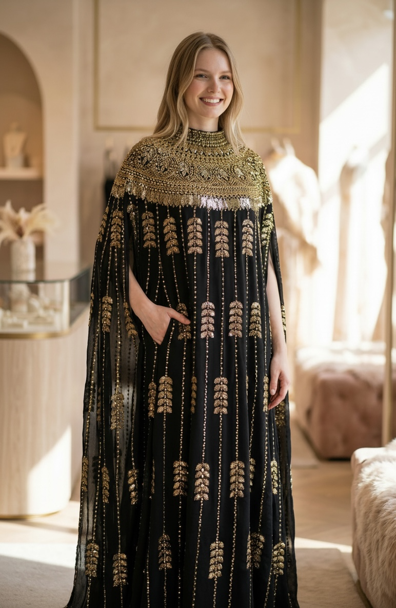 Black Gold Embellished Kaftan Dress