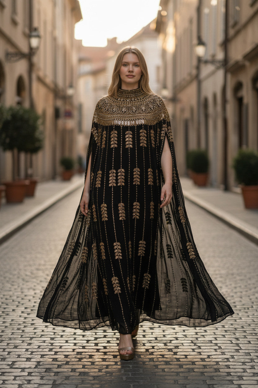 Black Gold Embellished Kaftan Dress