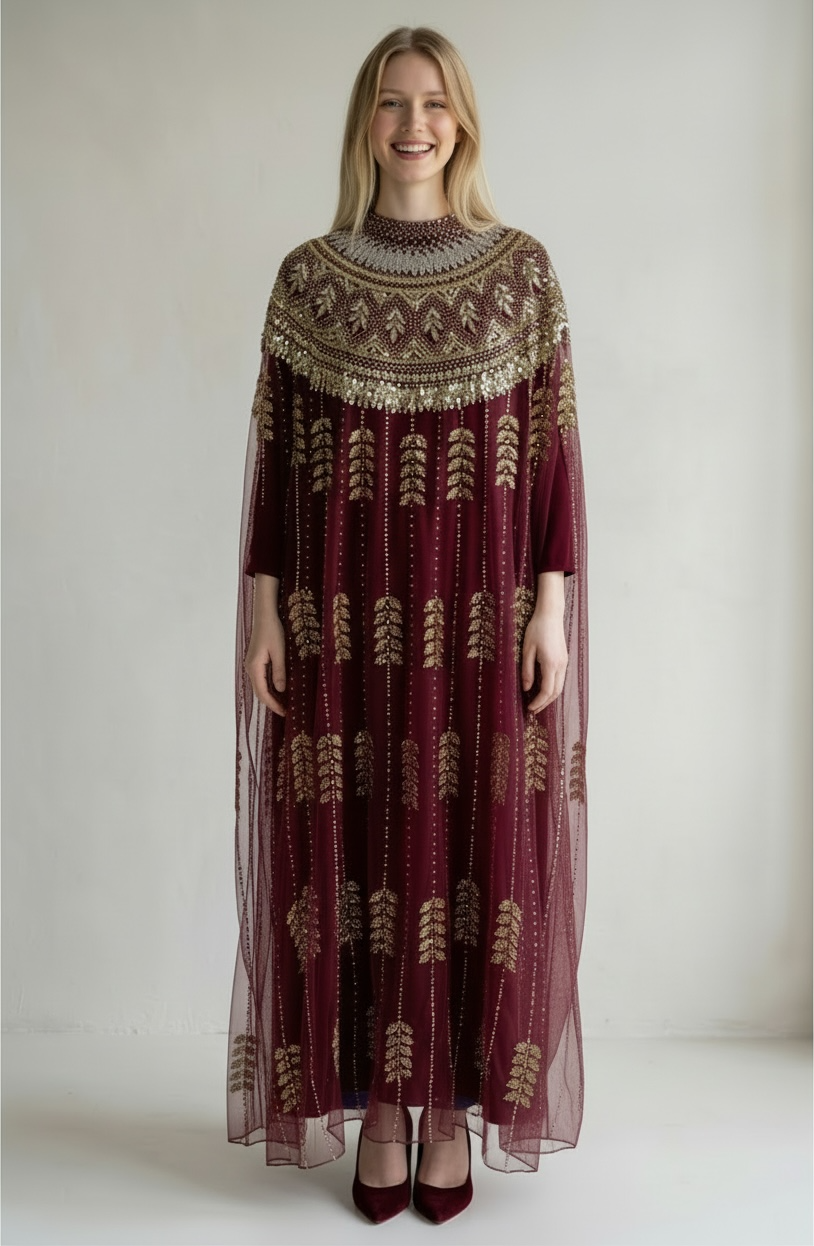 Wine Red Embellished Kaftan Dress