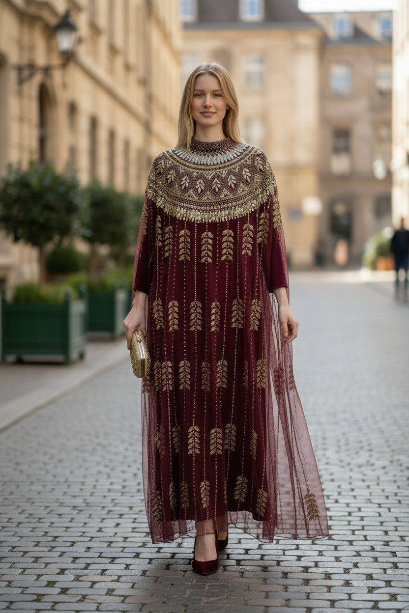 Wine Red Embellished Kaftan Dress
