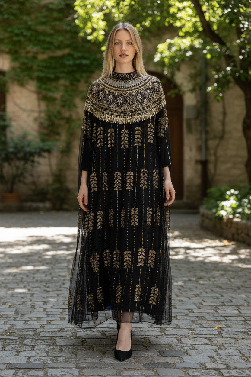 Black Gold Embellished Kaftan Dress