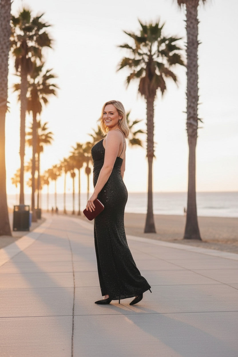 RENEE Strappy Gunmetal Color Sequin Dress
