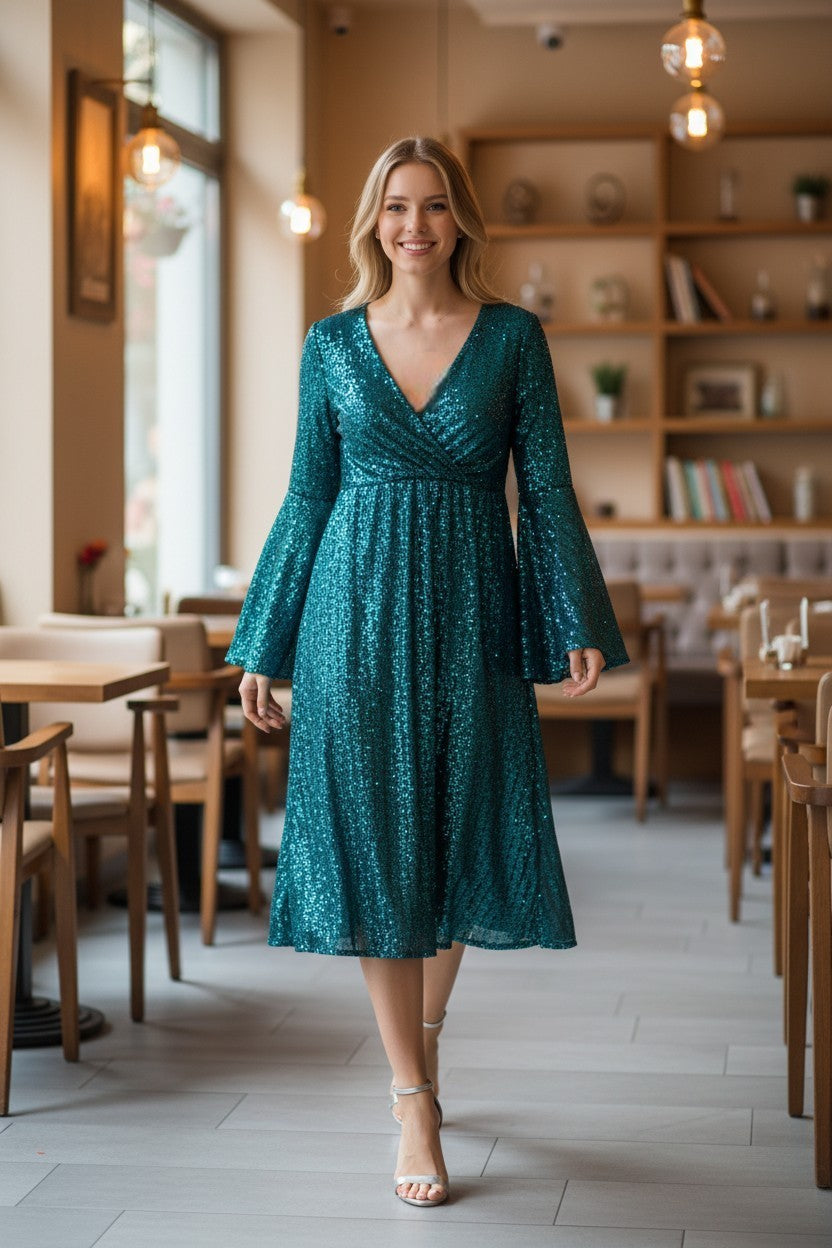 SANDRA Emerald plus size Bell Sleeve Dress