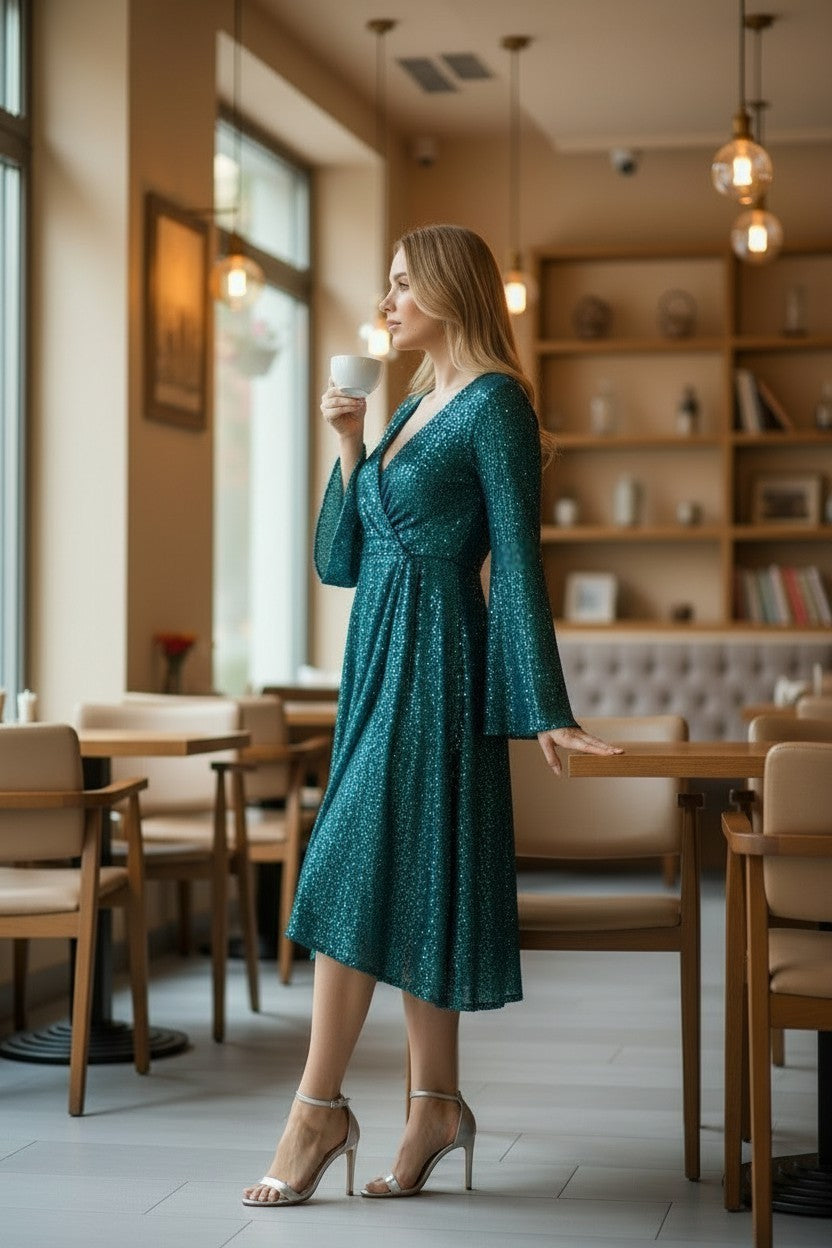 SANDRA Emerald plus size Bell Sleeve Dress