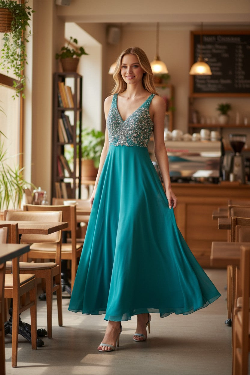 AVON Teal Beaded Top Gown DRESS