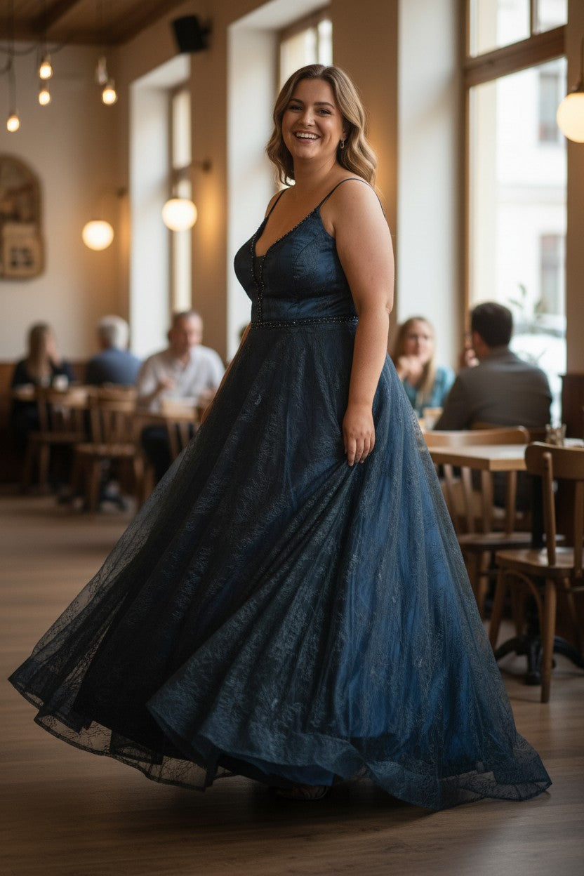 BLUE Lace Strappy Ballgown