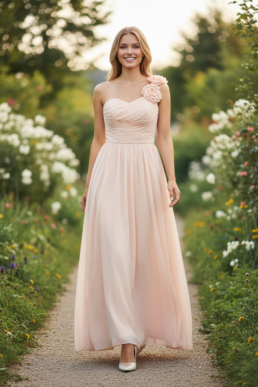 One Shoulder Beige Gown