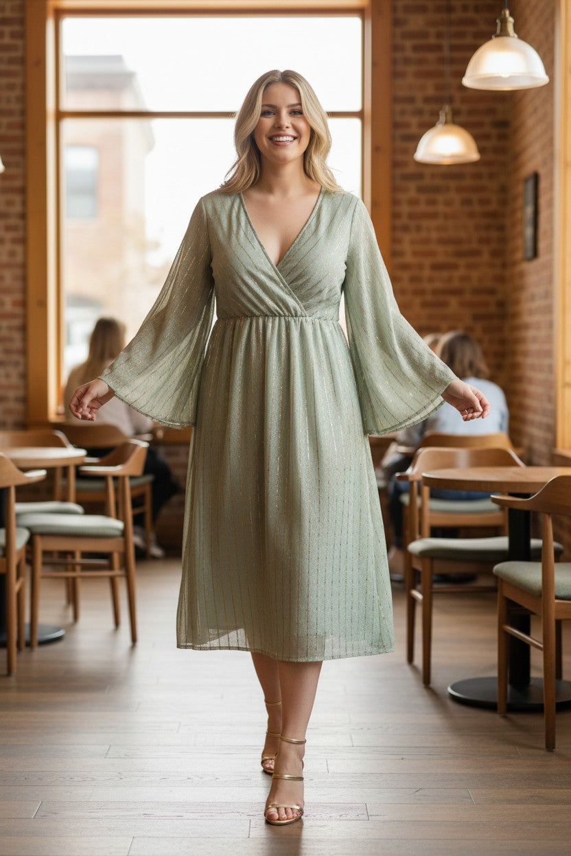 SANDRA Champaigne plus size Bell Sleeve Dress