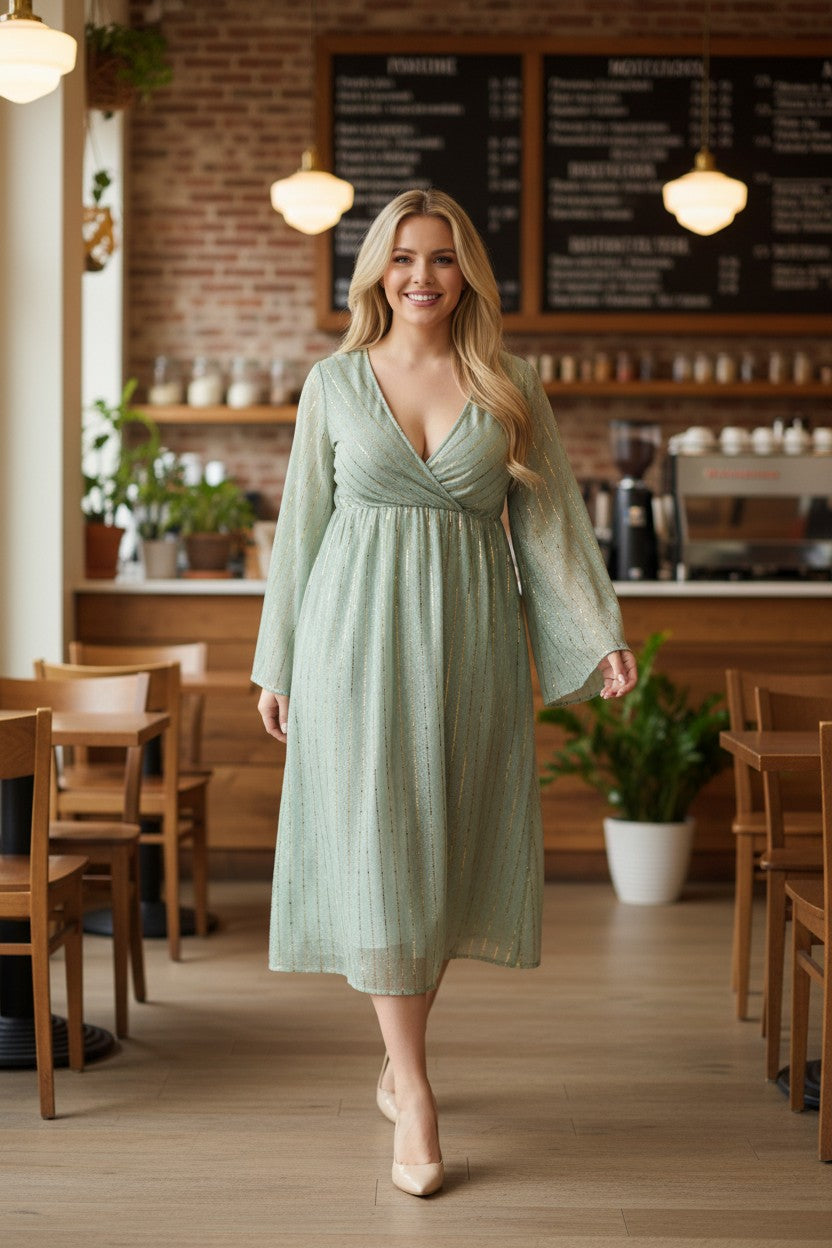 SANDRA Champaigne plus size Bell Sleeve Dress