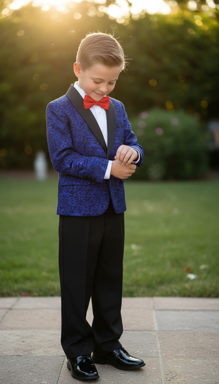 BLUE Velvet Jacquard (3pcs Boys Suit)