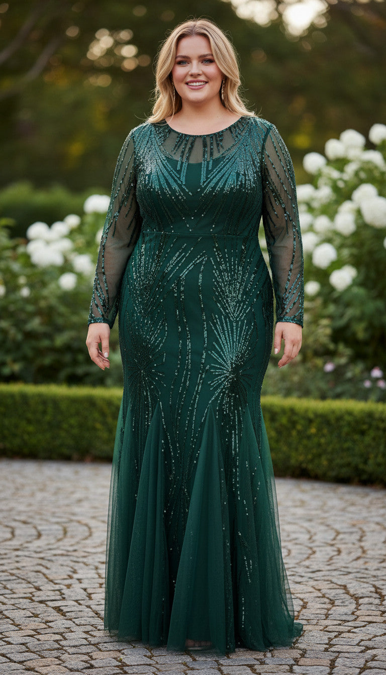VERONICA Emerald Illusion Sequin Gown