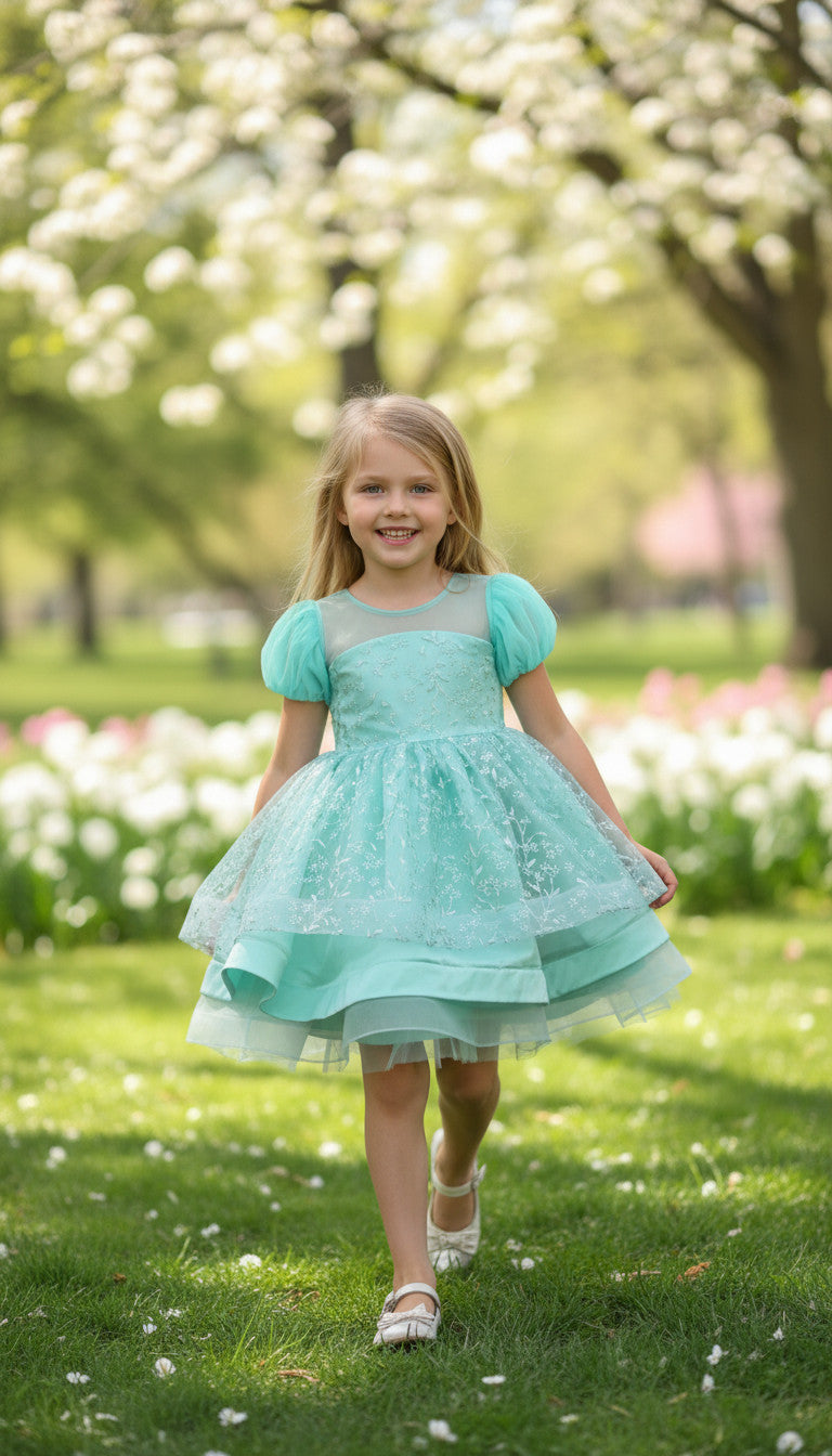 Alamanda Gliterred puffy Dress- Mint