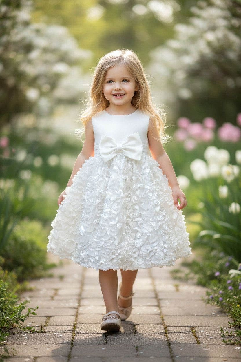 Everley White Bow Satin Textured Baby Dress