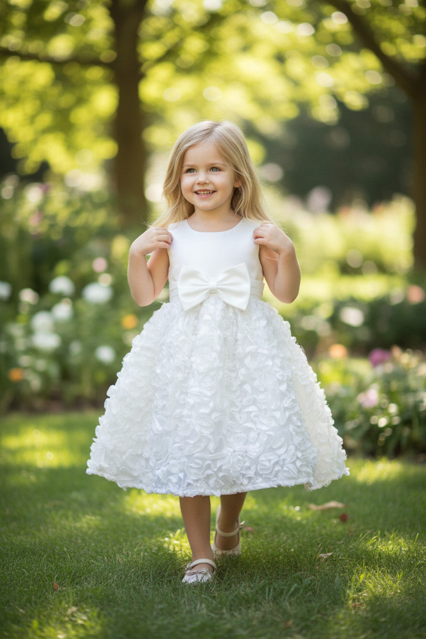 Everley White Bow Satin Textured Baby Dress