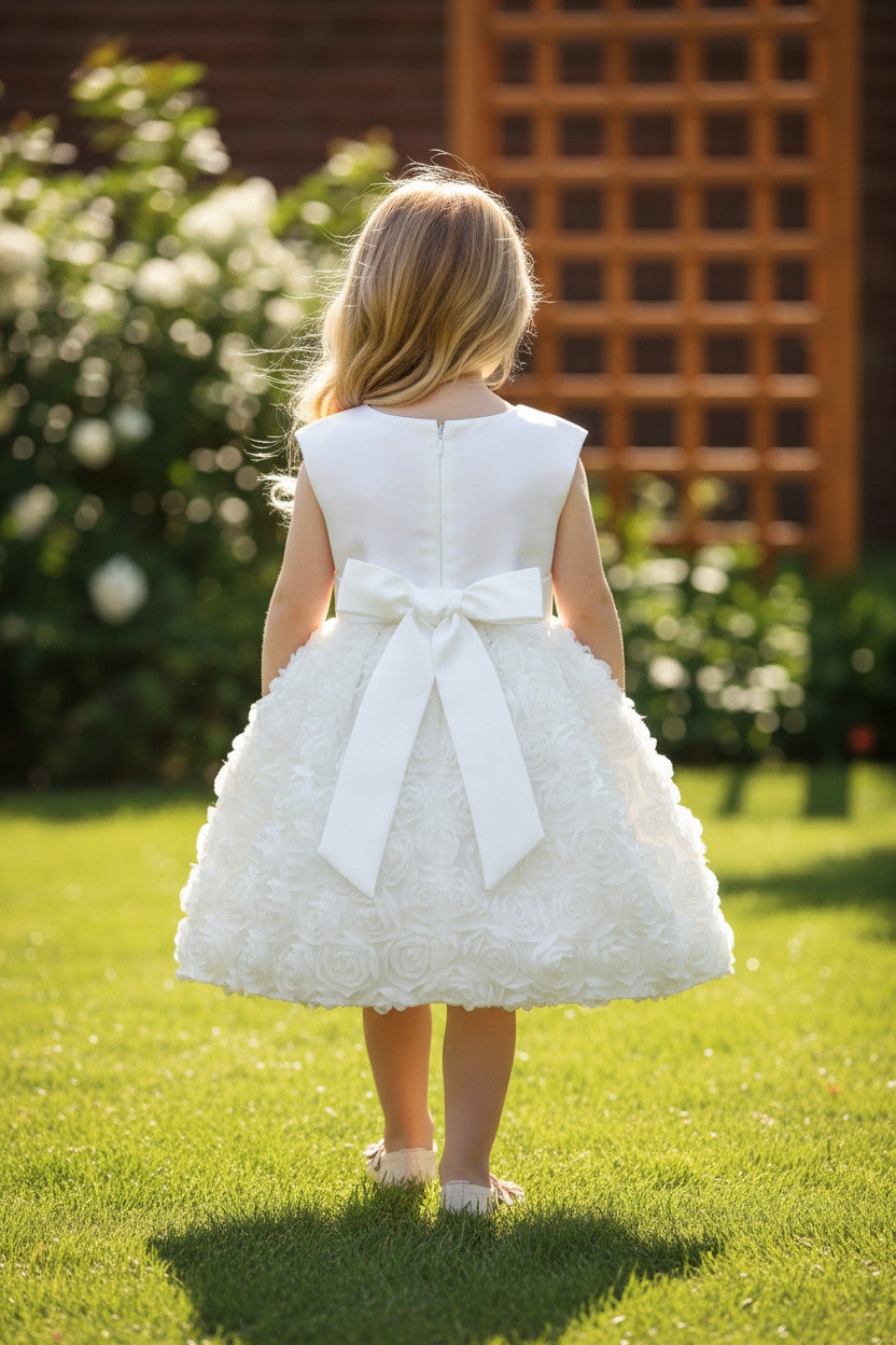 Everley White Bow Satin Textured Baby Dress