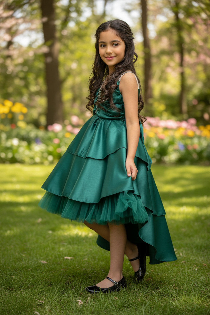 Samiyah Satin Tiered Dress- Emerald