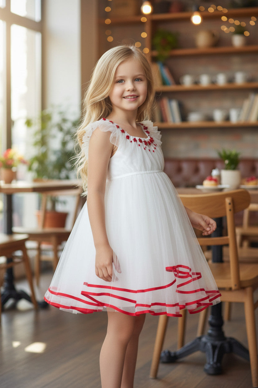 Laira White Red Bead Girls Dress