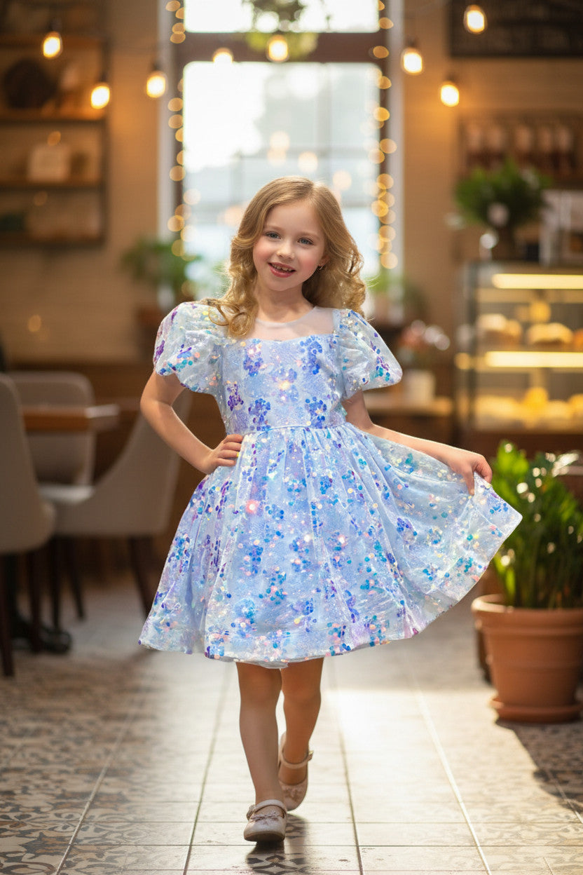 Diamond Sequin Mermaid Puffy Dress -Rainbow Blue