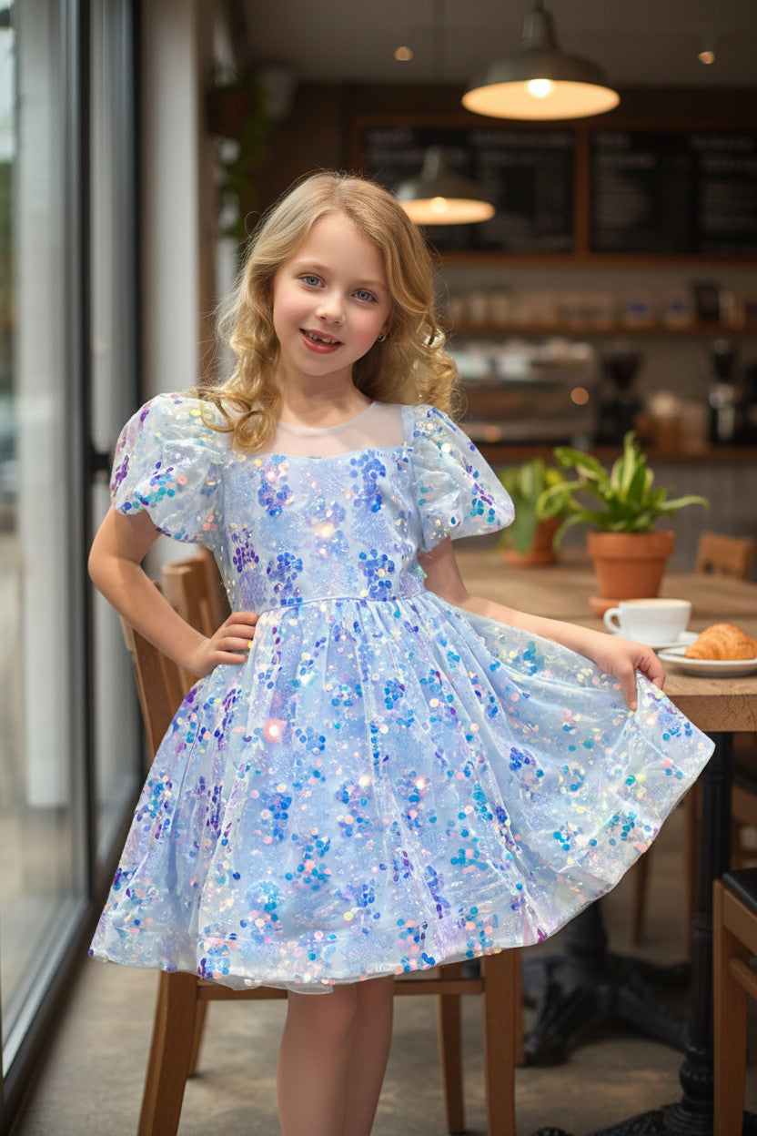 Diamond Sequin Mermaid Puffy Dress -Rainbow Blue