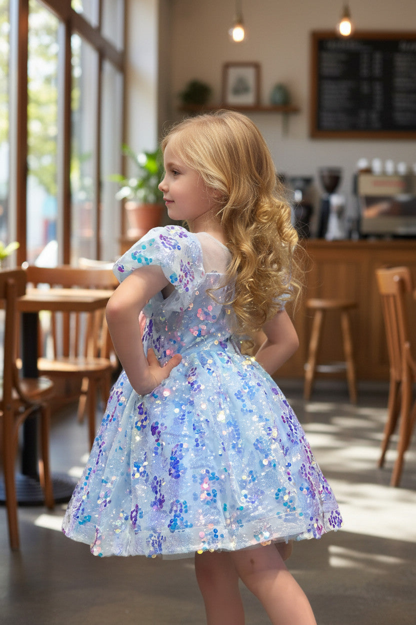 Diamond Sequin Mermaid Puffy Dress -Rainbow Blue