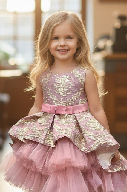 Bianca Jacquard Tulle high low Dress -Dusty Pink