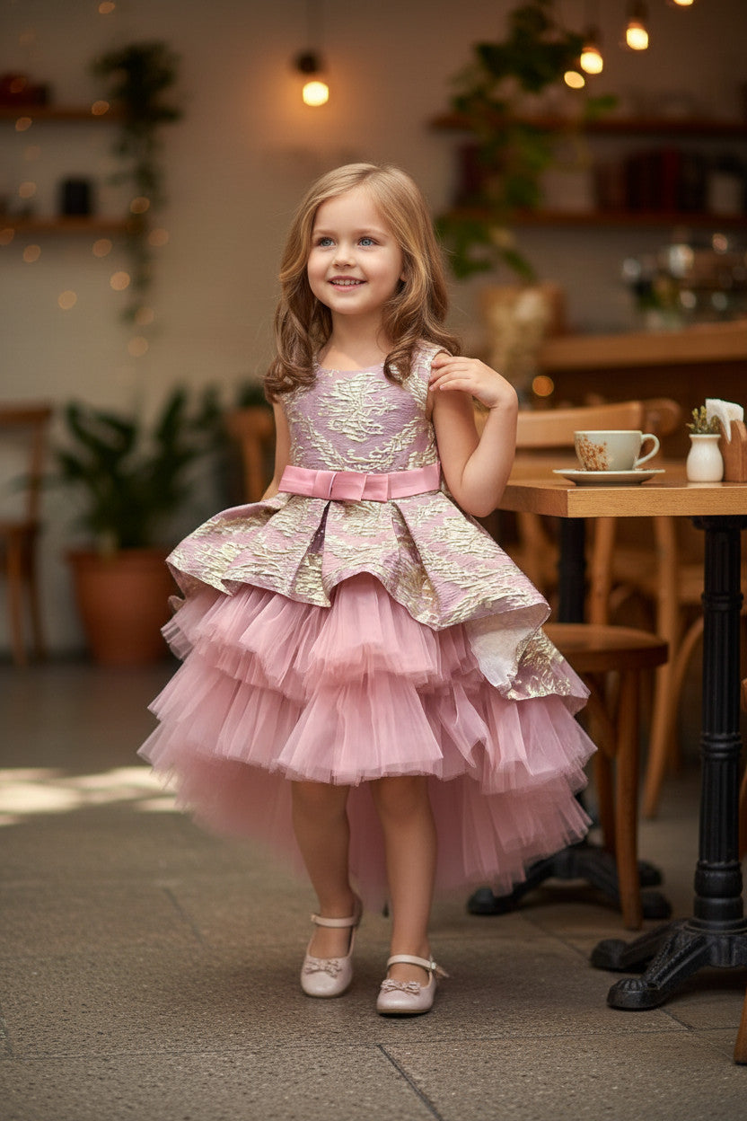 Bianca Jacquard Tulle high low Dress -Dusty Pink