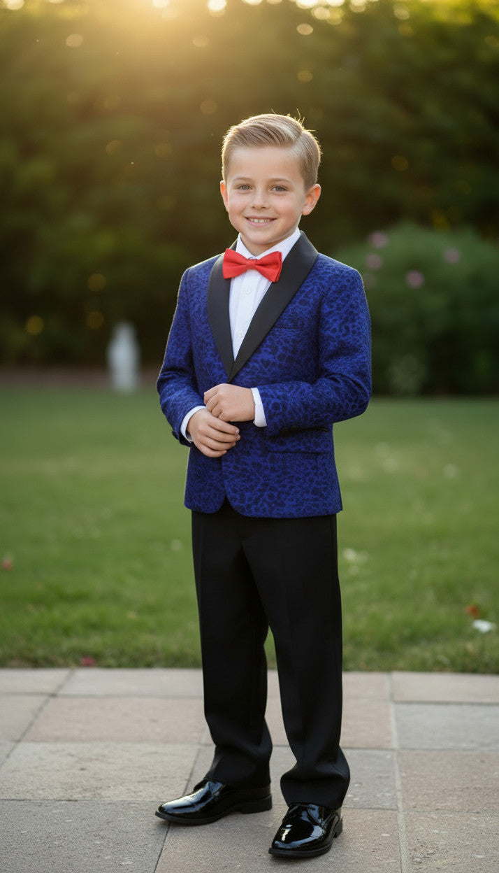 BLUE Velvet Jacquard (3pcs Boys Suit)