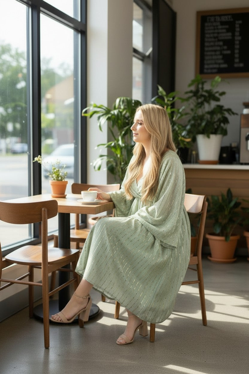 SANDRA Champaigne plus size Bell Sleeve Dress