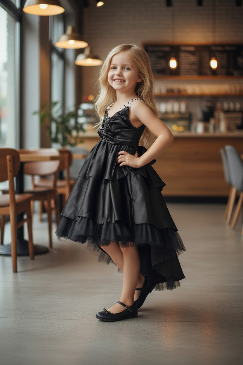 Nylah Satin Tiered Dress- Black