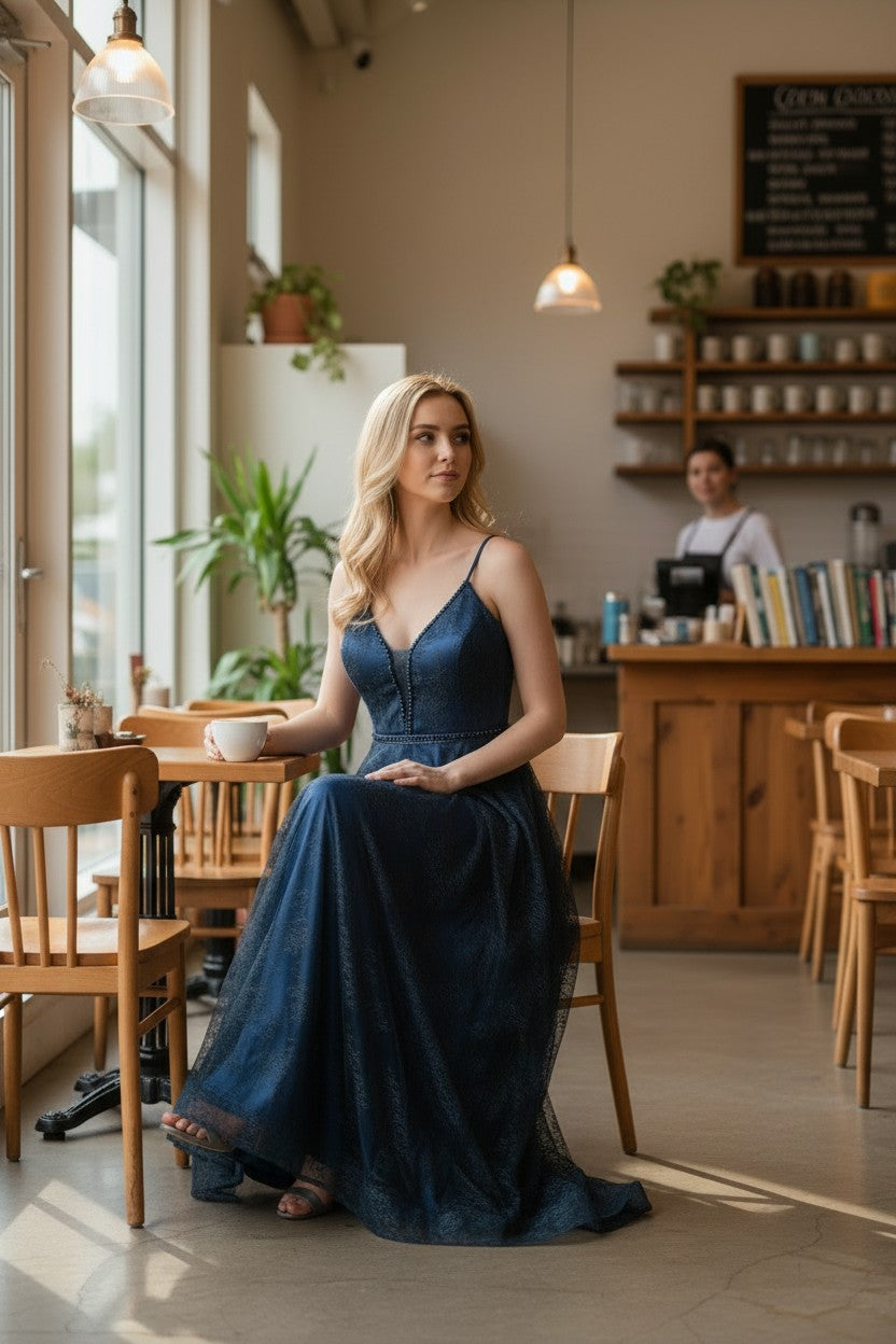 BLUE Lace Strappy Ballgown