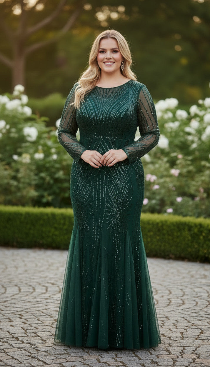 VERONICA Emerald Illusion Sequin Gown