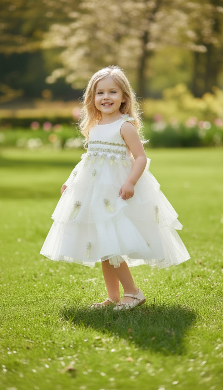 Jana White & Gold Applique Tulle Dress