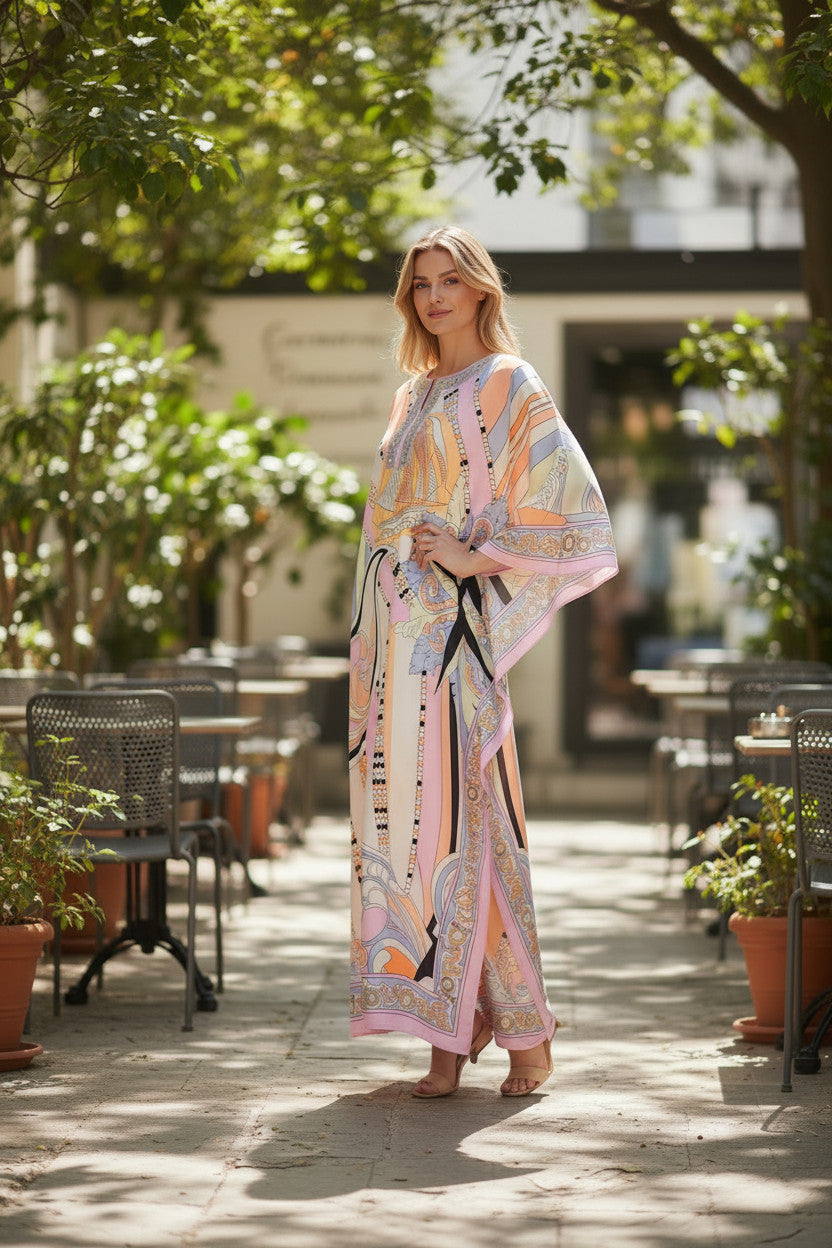 Long Abstract Print Soft Polyester Kaftan dress