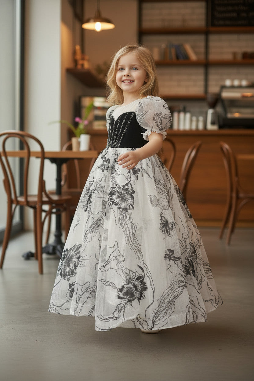 Leya Black and White Velvette beaded Gown
