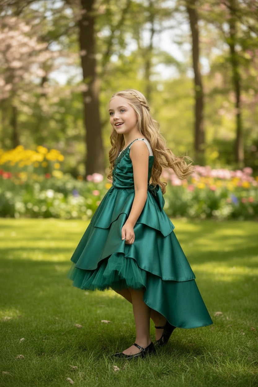 Samiyah Satin Tiered Dress- Emerald
