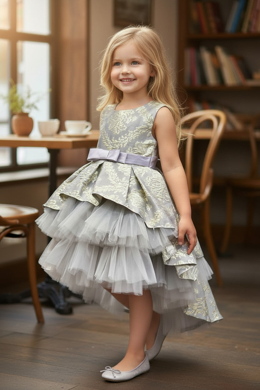 SKye Jacquard Tulle high low Dress -Grey Gold