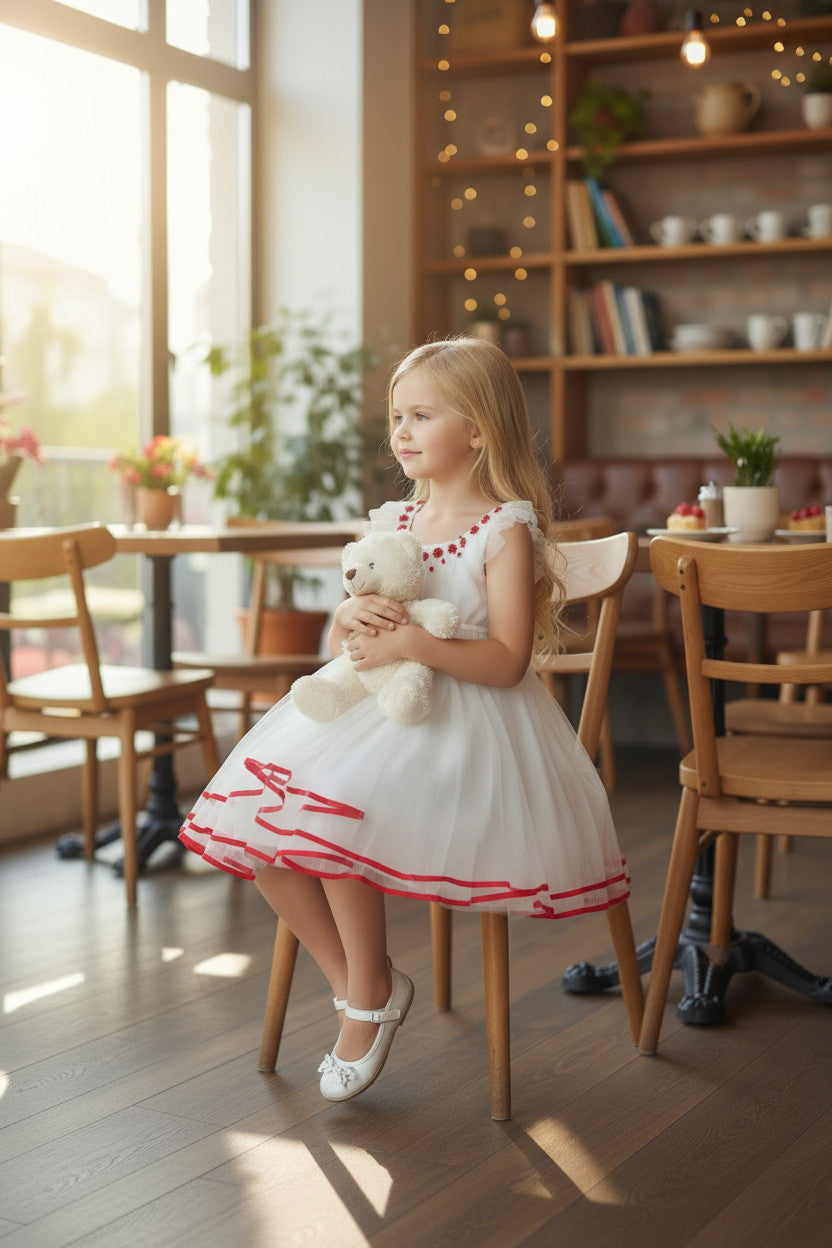 Laira White Red Bead Girls Dress