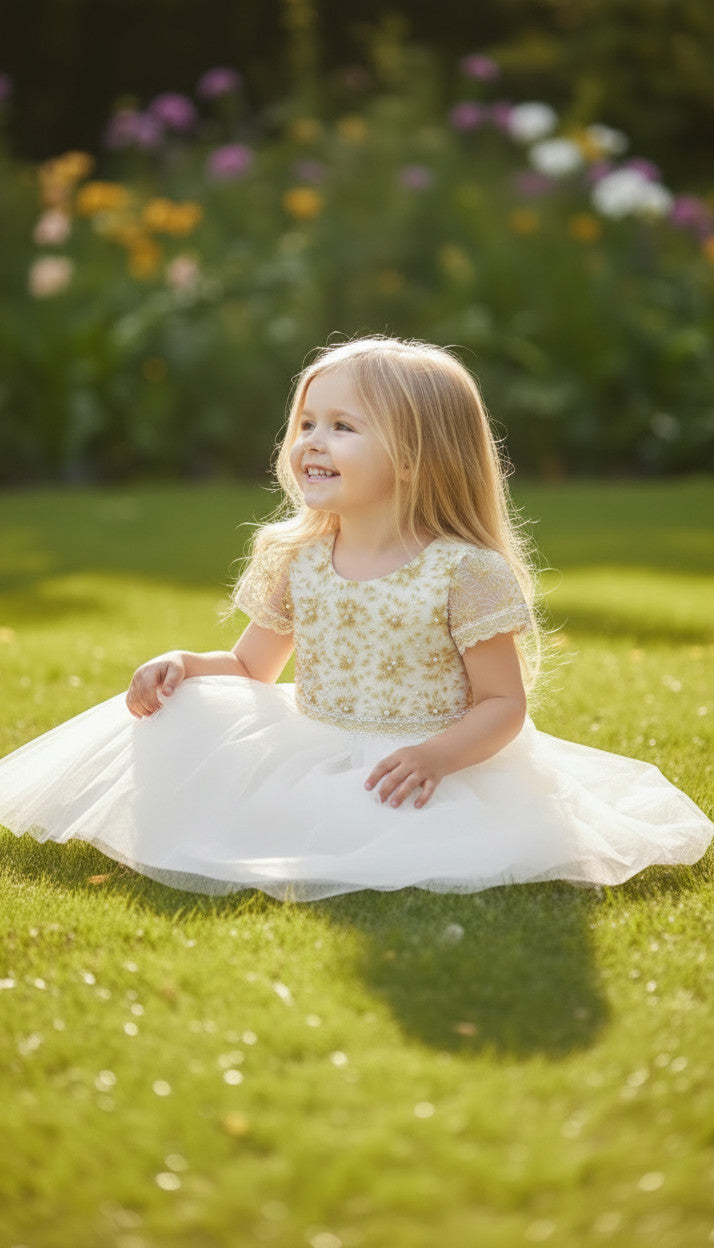 Lily Puff Sleeve Flower Girls White/Gold Dress